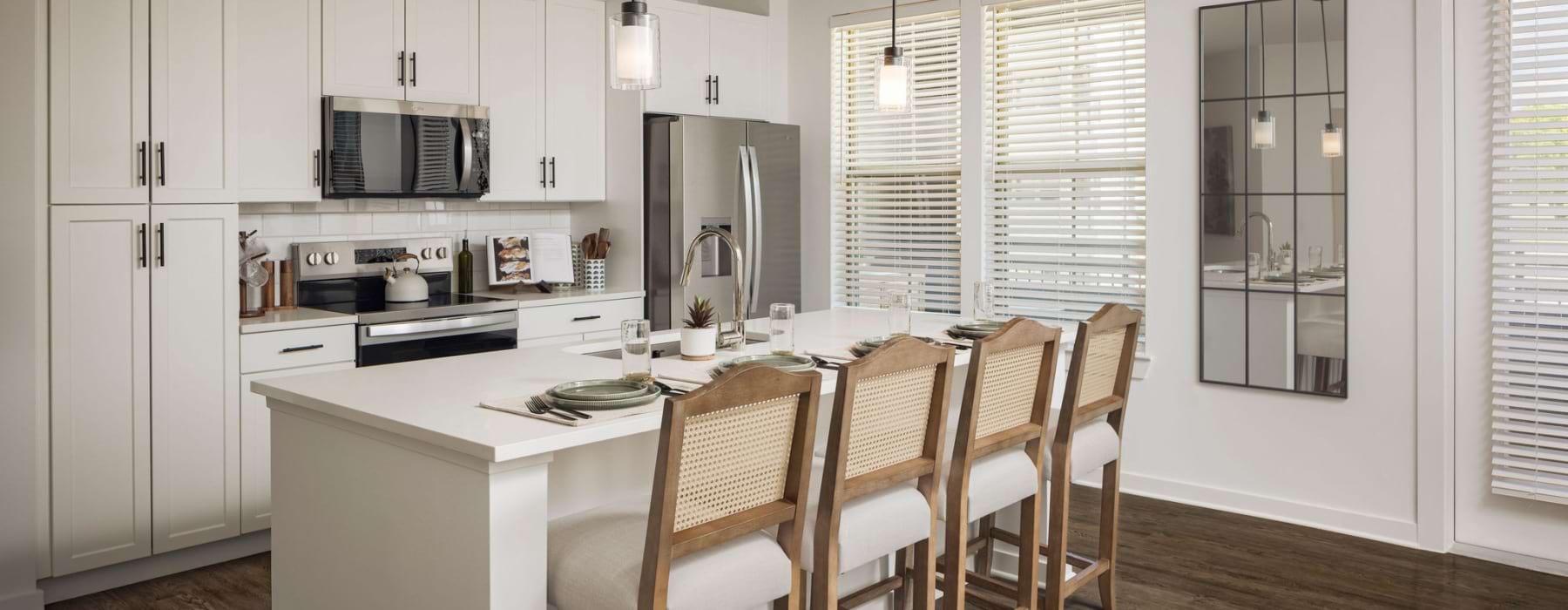kitchen stainless steel appliances island dining