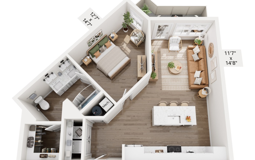 A2 - 1 bedroom floorplan layout with 1 bathroom and 712 square feet