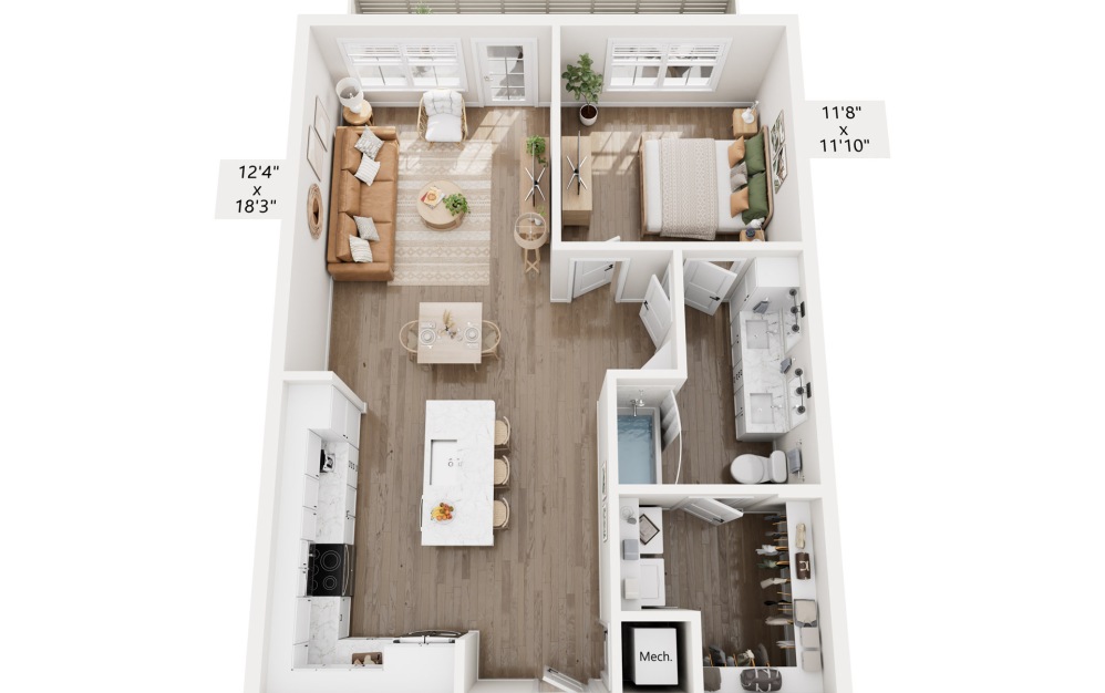A3 - 1 bedroom floorplan layout with 1 bathroom and 779 square feet