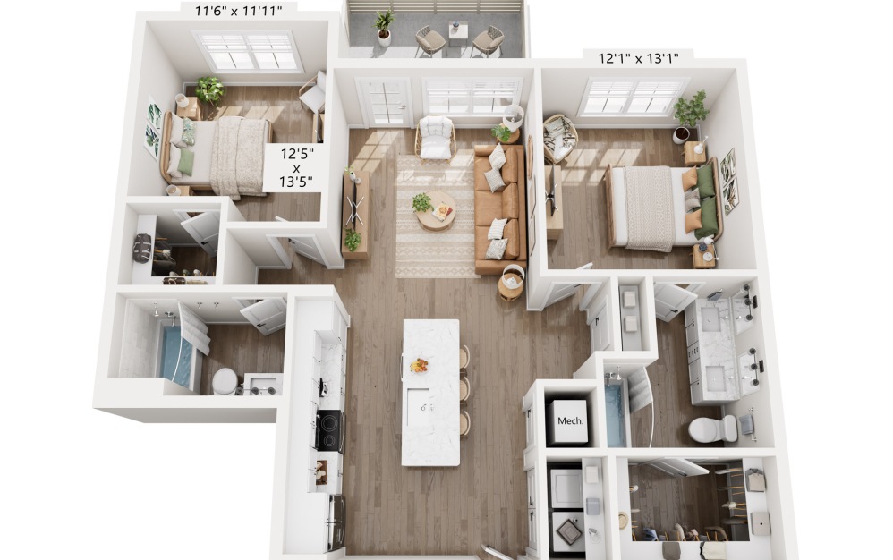B1 - 2 bedroom floorplan layout with 2 bathrooms and 1116 square feet