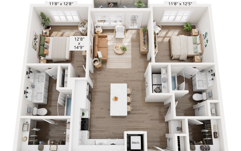 B2 - 2 bedroom floorplan layout with 2 bathrooms and 1010 square feet