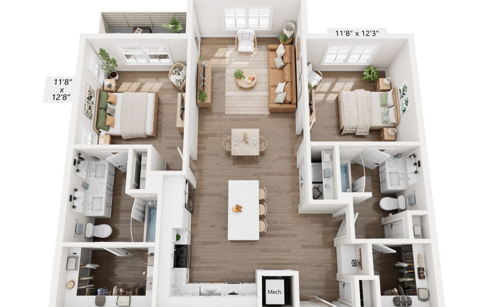 B3 - 2 bedroom floorplan layout with 2 bathrooms and 1040 square feet