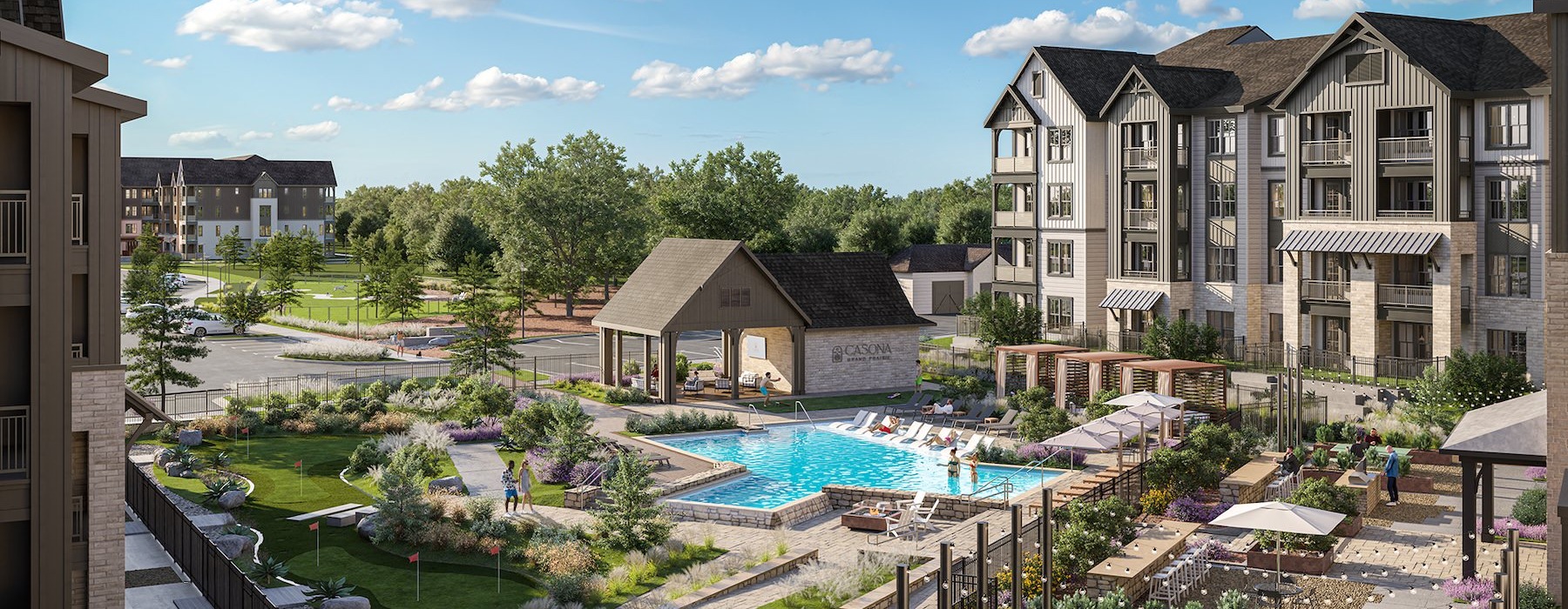 an aerial rendering of an apartment complex